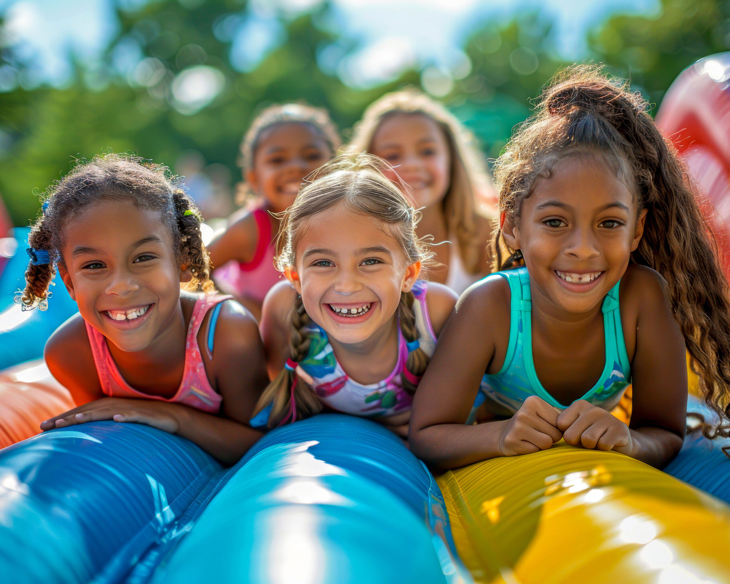 Kinder liegen auf einer Hüpfburg
